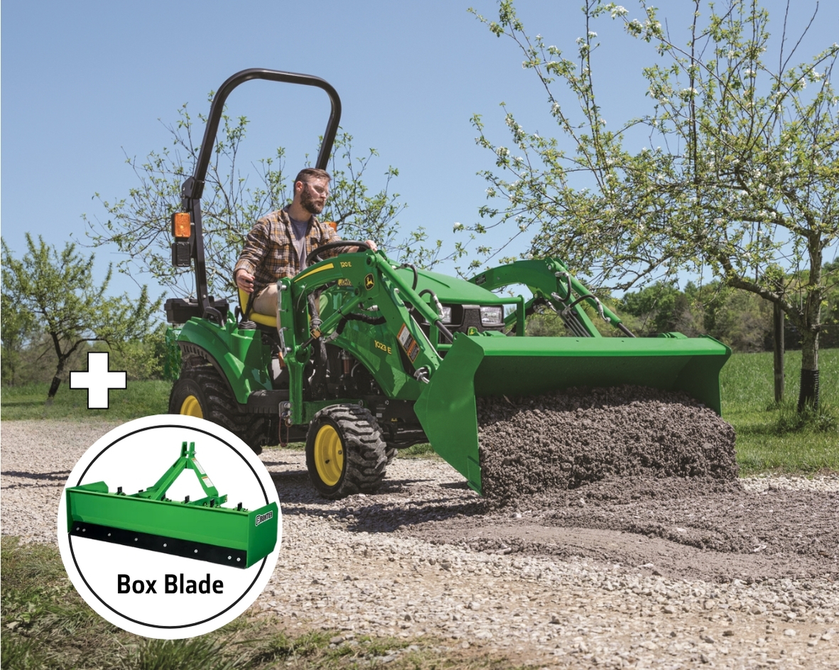 John Deere 1023E with 120E Loader and BB2048L Box Blade